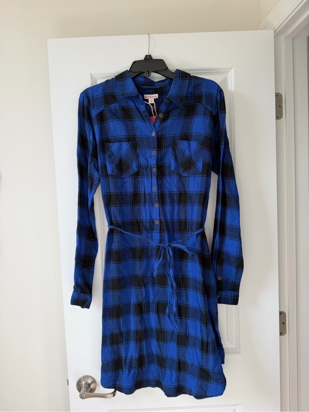 Merona Blue and Black Plaid Button-Front Shirt Dress with Waist Tie
